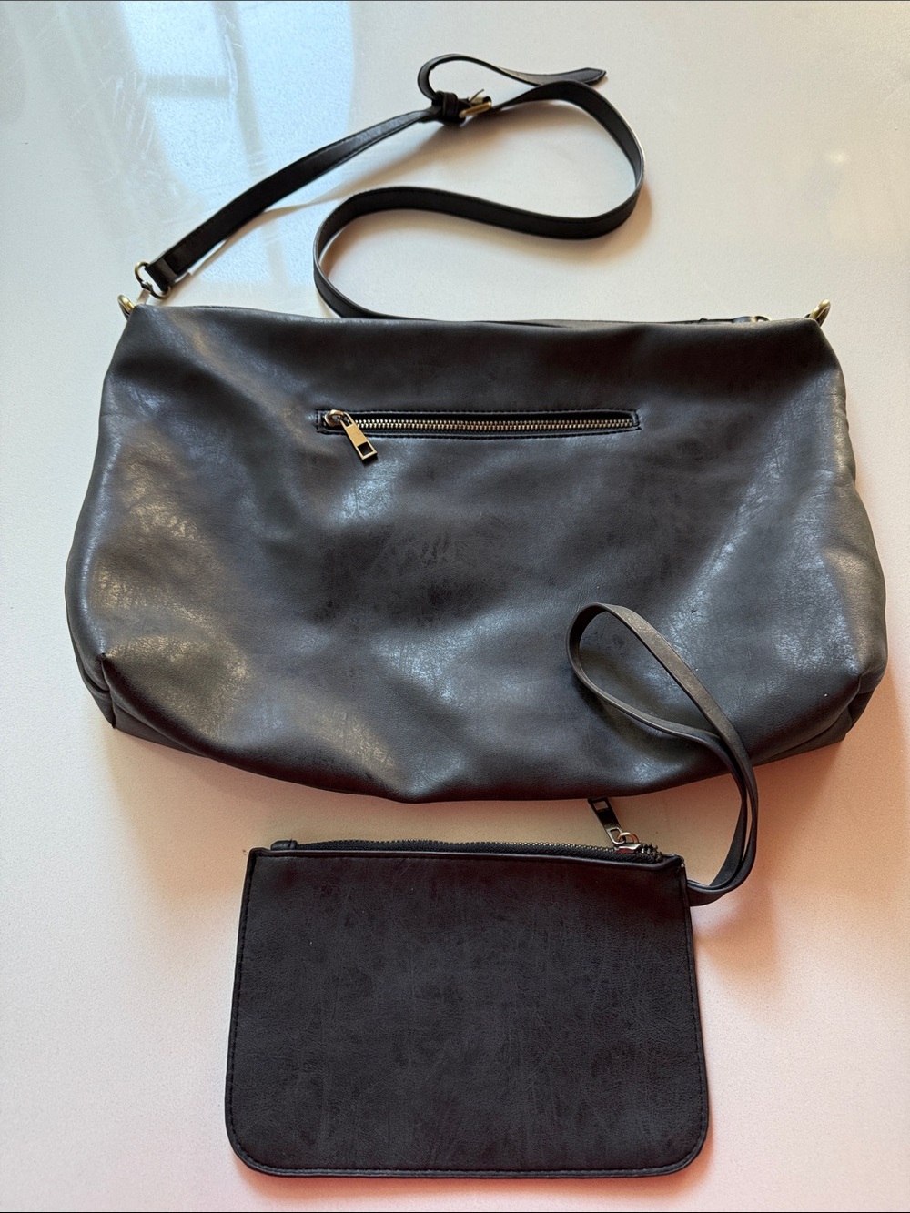 Joy Susan Classic Charcoal Grey Faux Leather Crossbody Bag with Zipper Pouch